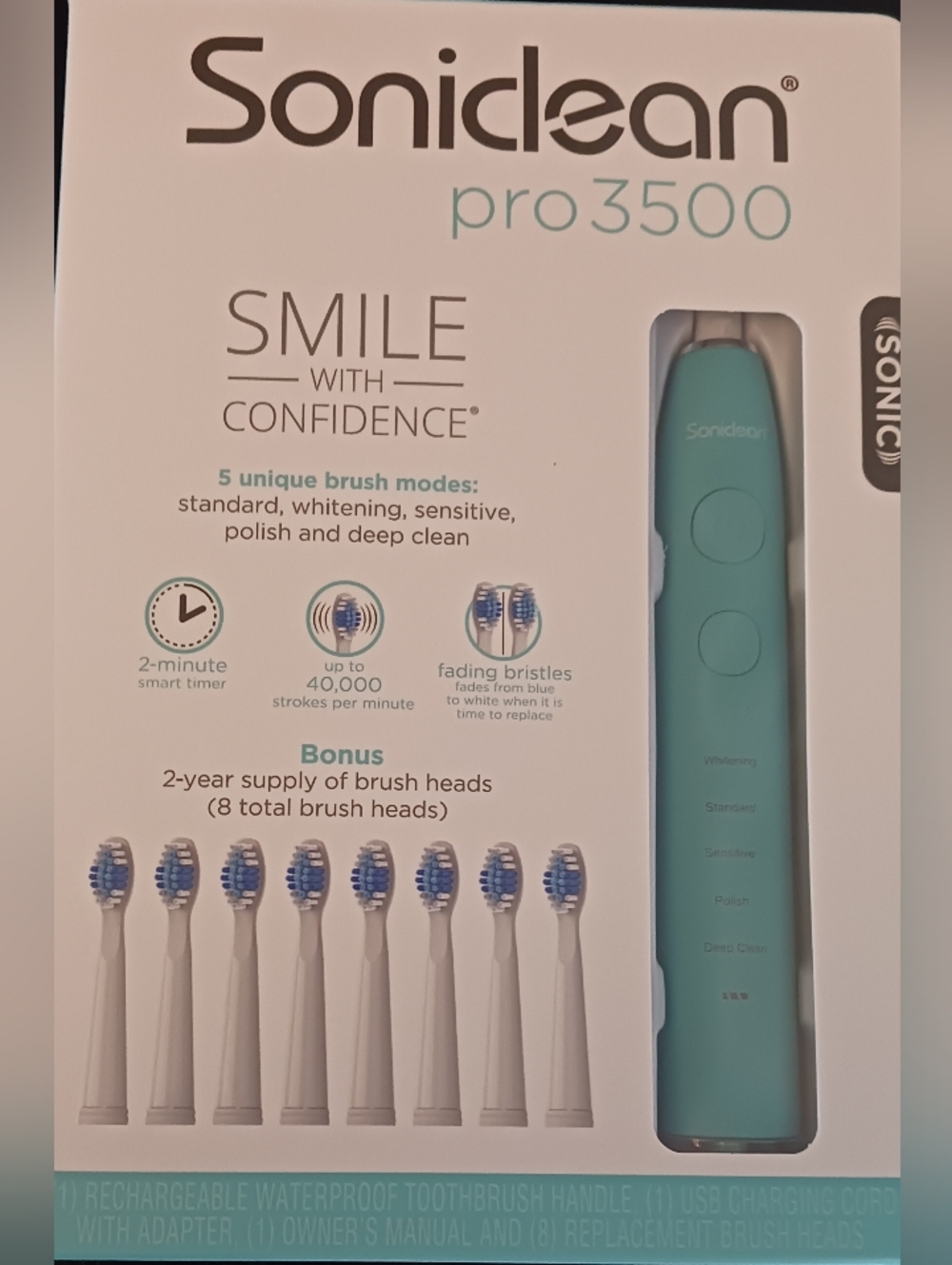 Soniclean Pro 3500 Sonic Electric Toothbrush Blue Rechargeable 5 Speeds 8 Heads